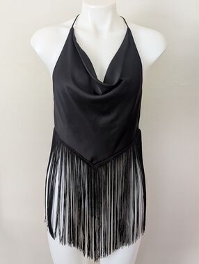 Zara Black Satin-Look Fringe Halter Top Small New